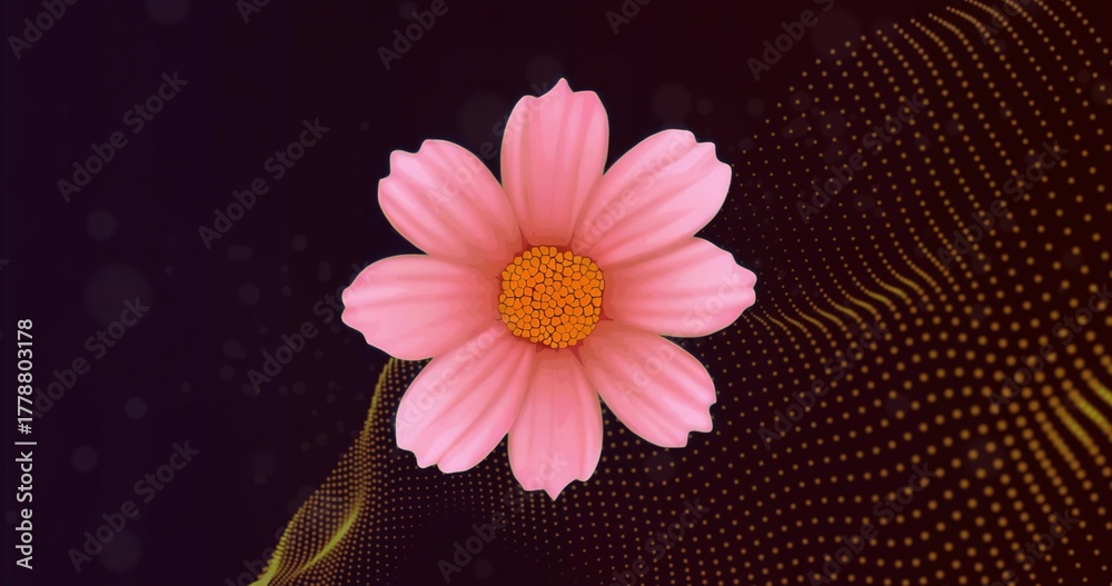 Naklejka premium Pink daisy-like flower floating in purple abstract backdrop, with yellow dotted waves and bokeh