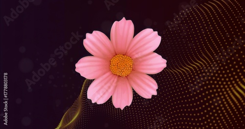 Pink daisy-like flower floating in purple abstract backdrop, with yellow dotted waves and bokeh
