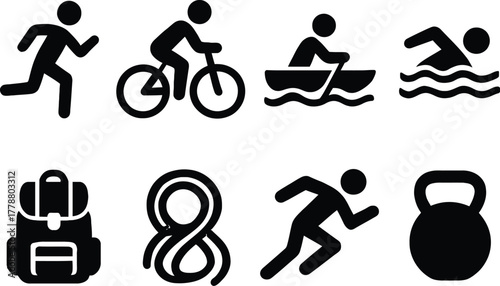 "Outdoor and Fitness Activity Icon Set – Silhouettes of Running, Cycling, Canoeing, Swimming, Backpack, Rope, Sprinting, and Kettlebell for Health Projects"