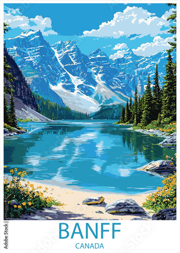 Banff Canada vector illustration of Moraine Lake shoreline featuring sandy banks, yellow flowers, and reflected snowy mountains.