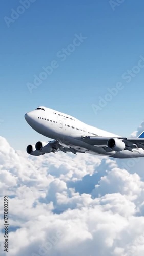 A large passenger plane flies above puffy white clouds against a bright blue sky