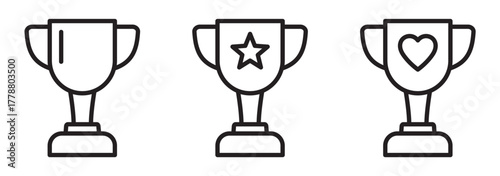 Trophy Cup Line Icon Set. Trophy Cup with Heart, Star.