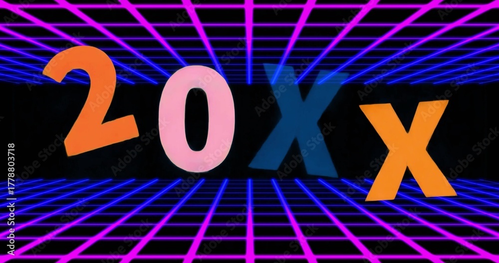 Naklejka premium Floating four 3D alphanumeric characters in retro digital scene, with neon grid floor and ceiling