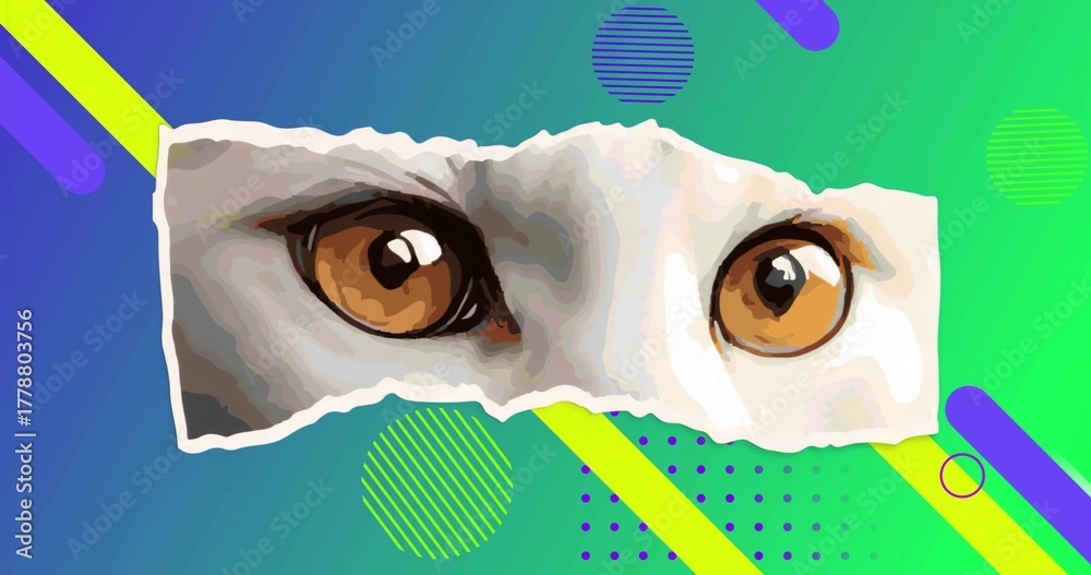 Obraz premium Showing amber cat eyes floating on torn paper strip over abstract background, with geometric shapes