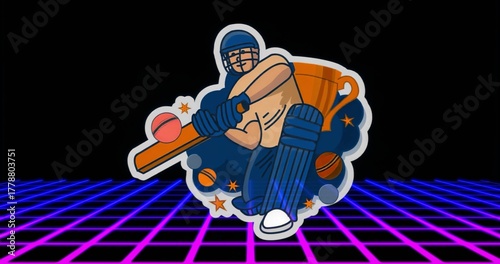 Swinging cartoon cricket batsman hitting ball in neon grid studio, with bat, helmet, trophy cup