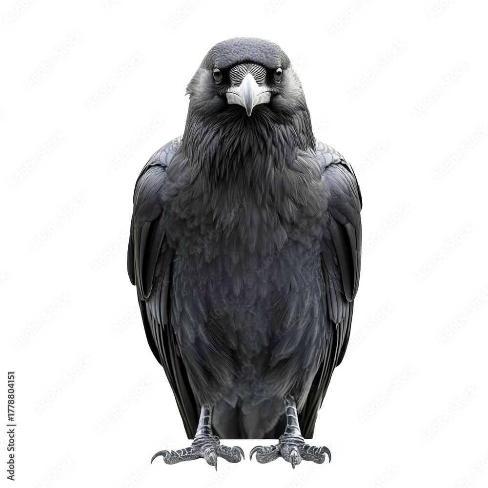 Obraz premium Large black raven in strict front view on a white transparent background. The bird sits with spread wings and a stern look, creating an impression of wisdom and mystery