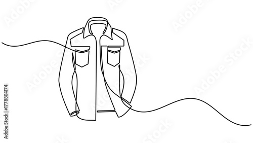 Jacket continuous one line drawing of jacket icon linear design. Men's clothing garment black linear design isolated on white background. One line continuous man's suit. Vector illustration
