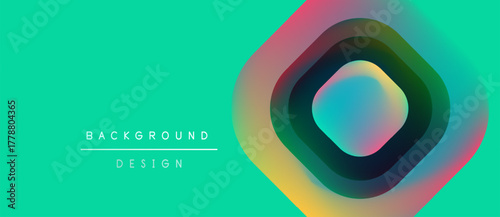 Abstract vibrant design features concentric shapes. Turquoise background contrasts colorful geometric elements. Modern aesthetic, simple text labels present.