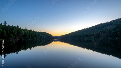 Serene Lake Reflection at Sunset with Forest