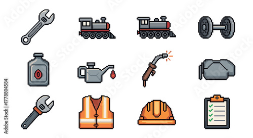 Pixel art icons set for industrial tools and construction equipment