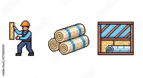 Pixel art of worker handling insulation material in construction scene