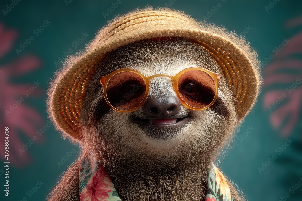 Obraz premium Smiling sloth enjoys summer vibes in a vibrant hat and colorful sunglasses with tropical background