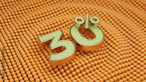 Minimal 3D animation of a green 30 percent symbol hovering over an orange sphere-based surface in gentle wave motion. Ideal for statistics, progress tracking, data presentation, finance visuals, and m