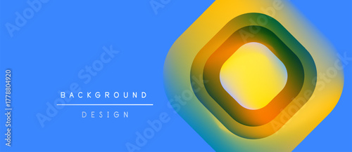 Abstract geometric design. Blue background contrasts vibrant layered shapes. Modern aesthetic, clean lines, simple composition.