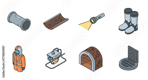 Industrial equipment and safety gear isometric set