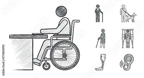Sketch style accessibility icons wheelchair, guide dog, prosthetic limbs, hearing aid