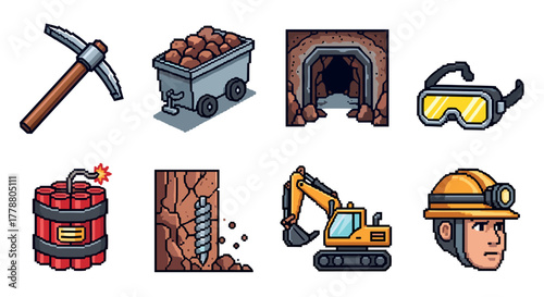 Pixel art mining tools and equipment icons for digital projects