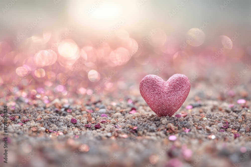 Obraz premium Sweet heart on shiny ground with sparkling bokeh, creating a romantic atmosphere for Valentines Day celebration