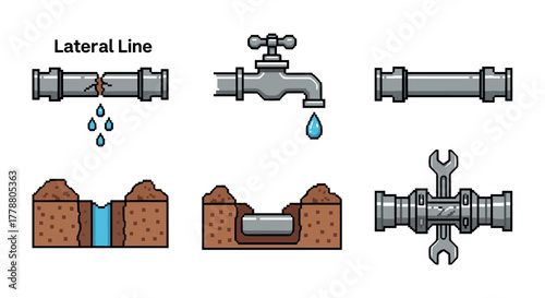 Pixel art plumbing icons leaky pipes, faucets, and repair tools collection