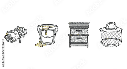 Beekeeping essentials sketch honeycombs, bucket, hive, strainer in line art