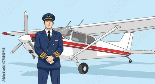 Smiling Pilot Standing by Airplane at Airport