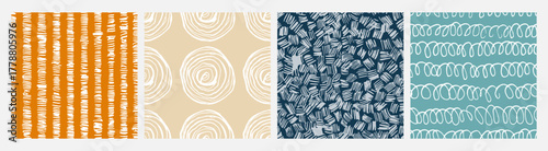 Modern doodles seamless patterns. Colored vector illustration for textile, packaging, website, wrapping, printing and covers. Contemporary minimalism backgrounds.