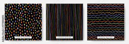 Abstract background cover templates. Vibrant doodles on black color. Design for notebooks, planners, flyers, brochures and social media posts. Modern layouts.