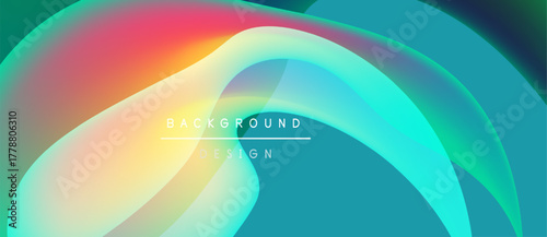 Abstract colorful layers create flowing shapes. Gradient hues blend, forming dynamic background design. Text reads background design.
