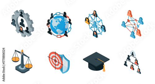 Isometric business and education icons teamwork, networking, strategy, and learning
