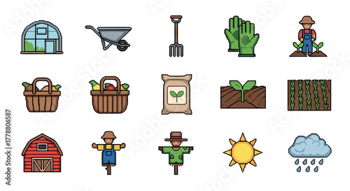 Colorful farming icons set with gardening tools and fresh produce illustrations