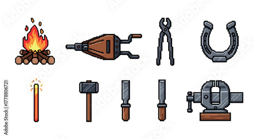Pixel art forge tools and campfire icons set for crafting and blacksmithing themes