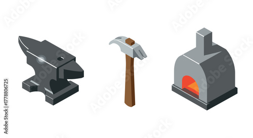 Isometric blacksmith tools with anvil, hammer, forge on white