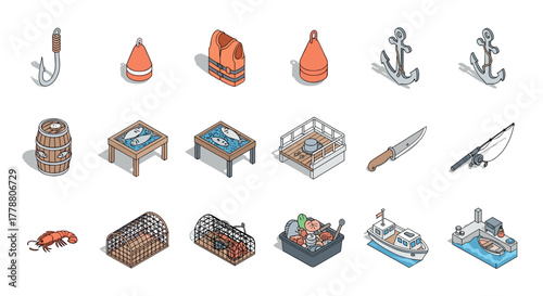 Isometric marine equipment and seafood icons set for fishing and nautical themes