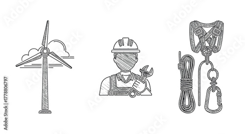 Renewable energy technician with wind turbine and safety gear in line art design
