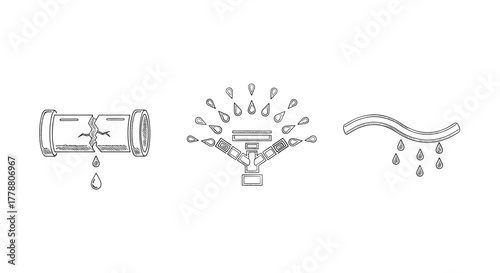 Water leak and sprinkler system linear icons set