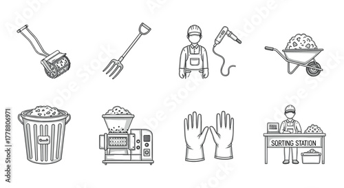 Waste management equipment and workers outline set for efficient sorting and recycling