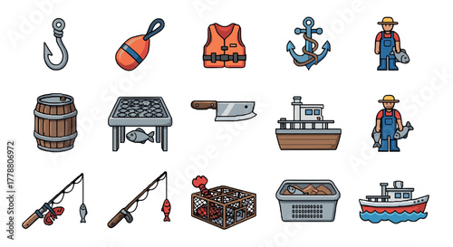 Colorful fishing icons set featuring equipment and fishermen