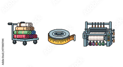 Pixel art textile tools and fabrics on trolley with tape measure and loom machine