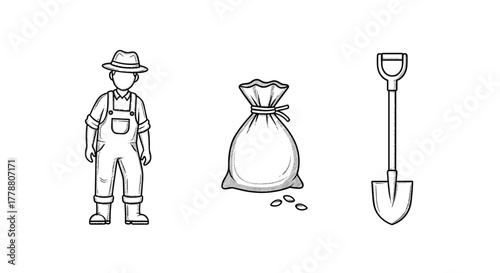 Outline gardening elements farmer, seed bag, and shovel