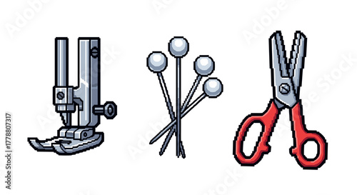 Pixel art sewing supplies scissors, pins, and presser foot