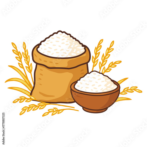 Rice sack and bowl illustration with golden paddy, organic rice grain vector, agricultural food product design for packaging, farm market, healthy food, and natural product label.