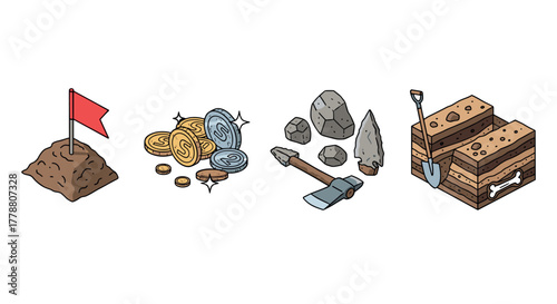 Game icons quest flag, treasure coins, tools and resources
