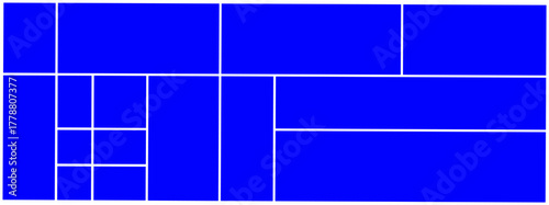 Modern blue collage grid layout with clean geometric rectangles and white divider lines, ideal for photo mosaics, design mockups, social media or portfolio templates.

