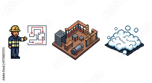Retro firefighter with blueprint and training ground in pixel art style