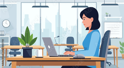 Young Businesswoman Smiling While Working At Desk With Laptop In Modern Office