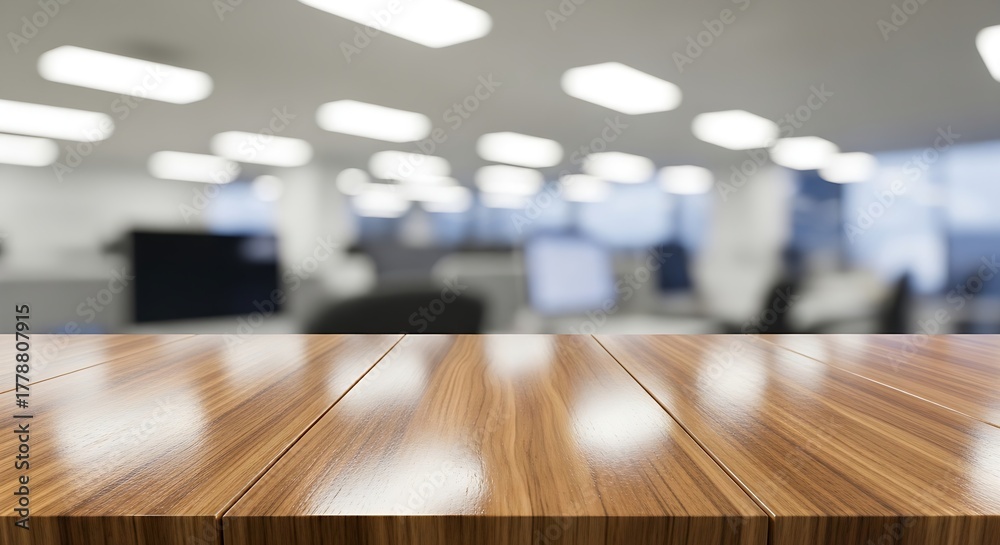 Obraz premium A polished wooden surface reflecting light, suitable for product placement in an office or workspace with blurred background lights