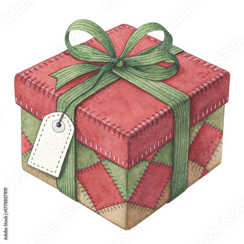 A folk art patchwork fabric giftbox and tag
