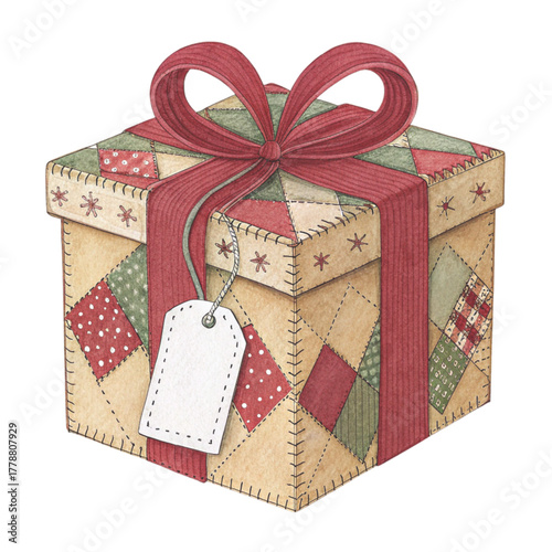 A folk art patchwork fabric giftbox and tag
