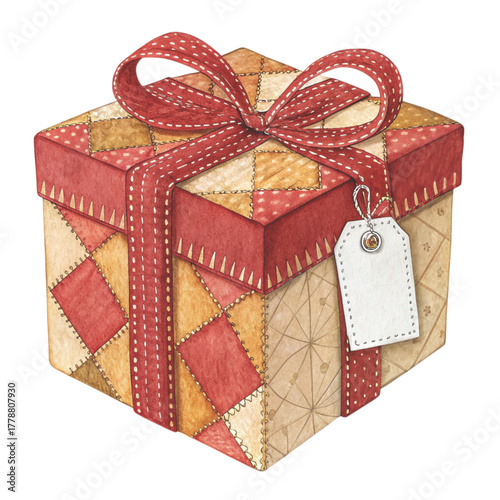 A folk art patchwork fabric giftbox and tag
