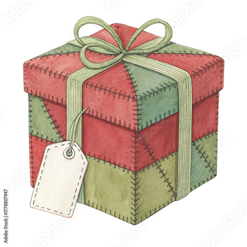 A folk art patchwork fabric giftbox and tag
